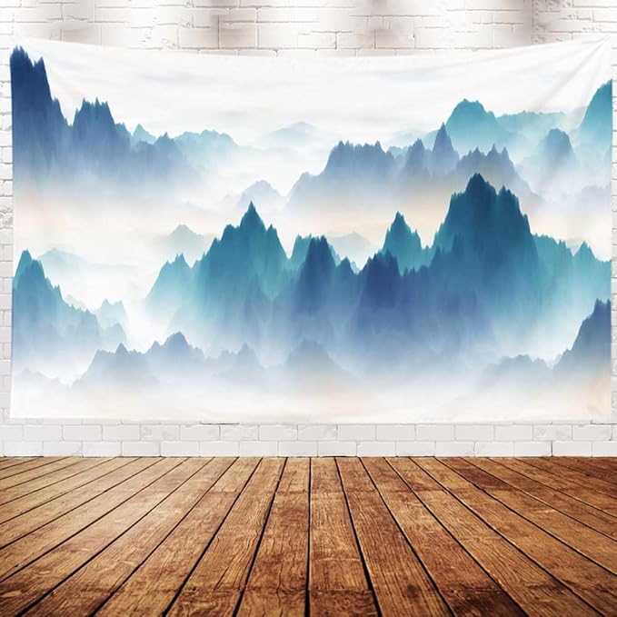EMMTEEY Foggy Mountain Wall Tapestry - Mountains in Fog Landscape Art for Living Room - 92.5x70.9 Inches - Present for Families