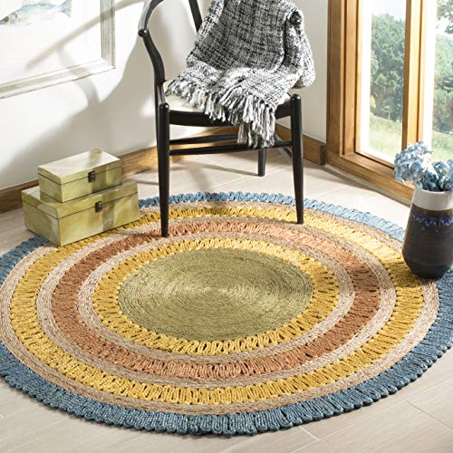 SAFAVIEH Natural Fiber Round Collection 7' Round Blue/Multi NF201C Handmade Boho Charm Farmhouse Jute Area Rug - color: Blue/Multi, size: 7' (Round)