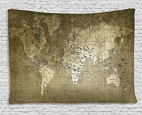 Ambesonne Antique Tapestry, Old World Map Texture Nostalgic Plan Atlas Trace of Life, Wide Wall Hanging for Bedroom Living Room Dorm, 60" X 40", Khaki Beige - color: Army Green, size: 60"L x 40"W