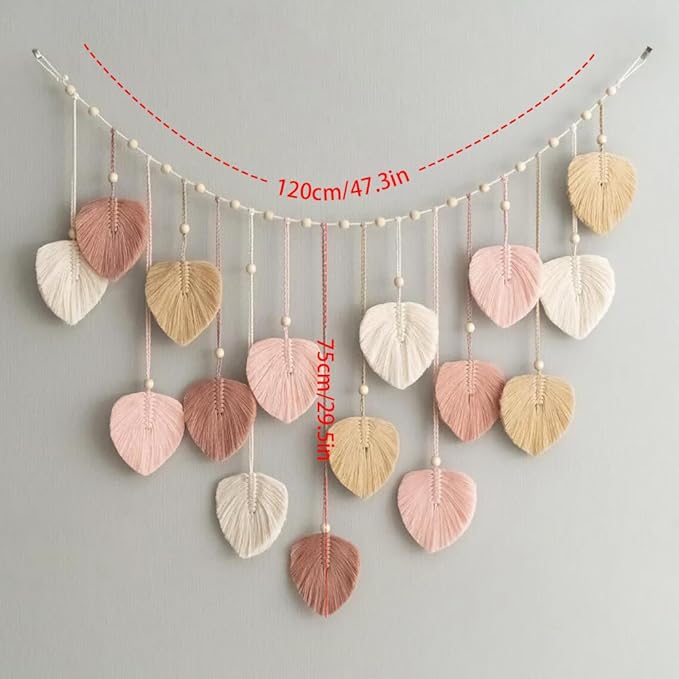 M MANUAL Macrame Leaves Wall Hanging 47.3x29.5Inch Large Chic Feather Boho Macrame Wall Decor Leaf Hanging Photo Display Handmade Woven Wall Art 16pcs Leaf Tapestry - Pink