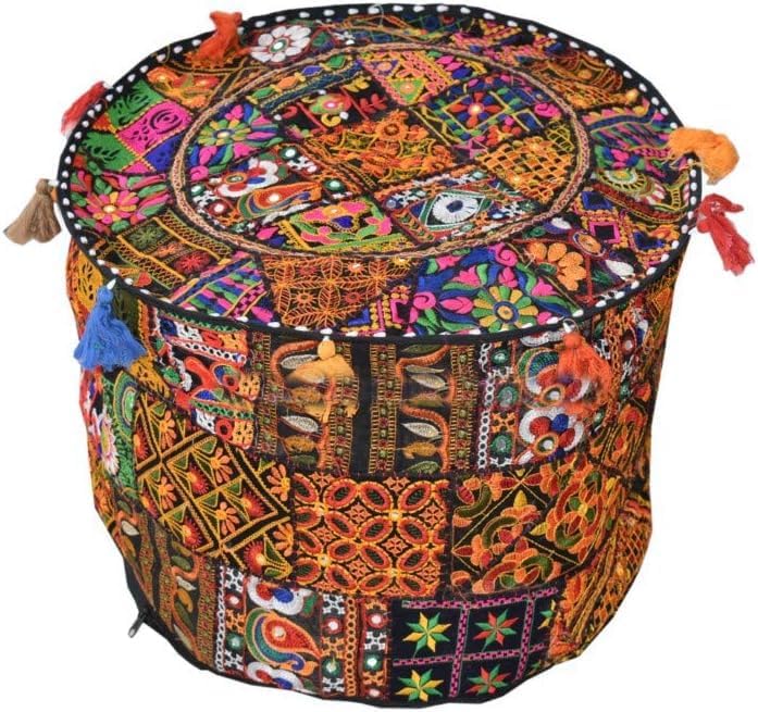 Indian Pouf Footstool Ethnic Embroidered Pouf Cover, India Cotton Round Pouffe Ottoman Pouf Cover Pillow Ethnic Decor Art-Cover Only-Indian Ottoman poufs - color: Black Rajkoti, size: 18"D x 18"W x 14"H