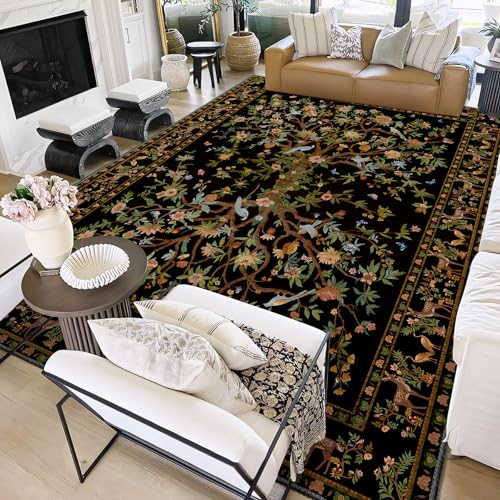 Black 6x9 Area Rugs, Machine Washable Non-Slip Rug, Boho Floral Botanical Soft Low Pile Throw Rugs for Living Room, Bedroom, Dining Room, Office - color: Black, size: 9' x 6' (Rectangular)