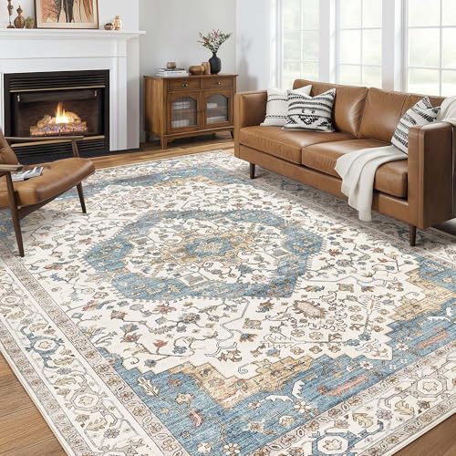 Area Rug for Living Room - 8x10 Soft Washable Oriental Vintage Floral Distressed Large Carpet - Fade Stain Resistant Non Slip Rugs for Bedroom Dining Room Nursery Dorm Office Home Decor - Blue/Beige - color: Blue/Beige, size: 8' x 10' (Rectangular)