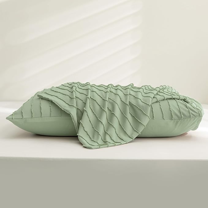 JELLYMONI Pillowcases King Size Light Green 2 Pack Boho Striped Bed Pillow Covers 20x36in Polyester Envelope Pillow Shams Tufted Bohemian Textured (Pillows are not Included)