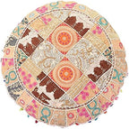 Indian Handmade Patchwork Codework White Round Pouf Cover Ottoman Floor Pillow Cushion Seating Throw Decorative Pom Pom Pillow Cases Bohemian 32 Inches