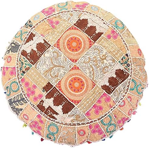 Indian Handmade Patchwork Codework White Round Pouf Cover Ottoman Floor Pillow Cushion Seating Throw Decorative Pom Pom Pillow Cases Bohemian 32 Inches