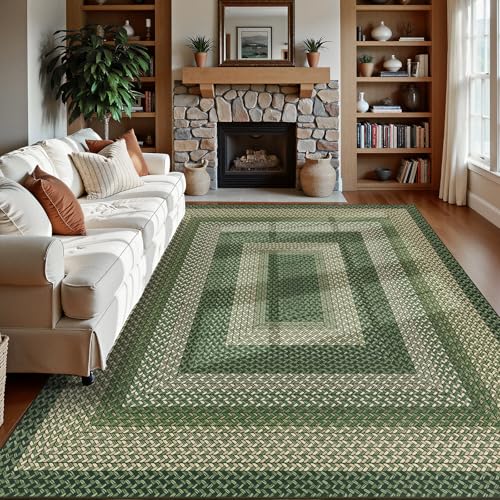 Ileading Faux Braided Large Area Rug 8'x10' Washable Farmhouse, No-Shed Non-Slip Woven Carpet, Pet Friendly Stain Resistant Jute Style Rug for Living Room Dining Bedroom - color: Multi Color-green, size: 8' x 10'(Rectangular)