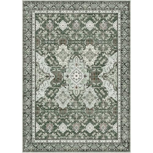 AMTOVO Area Rugs 5'x7' Washable Non-Slip, Vintage Boho Distressed Print Pattern Rugs for Living Room, Soft Low Pile Carpet for Bedroom Indoor Playroom Nursery Farmhouse Girls Room, Dark Green - color: Dark Green, size: 5' x 7' (Rectangular)