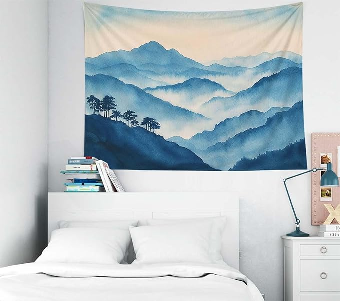 EMMTEEY Mountain Tapestry Blue Ink Cloudy Mountains 60X40 Inch Small Tapestry Wall Art Hanging Tapetries for Bedroom Living Room Dorm Décor