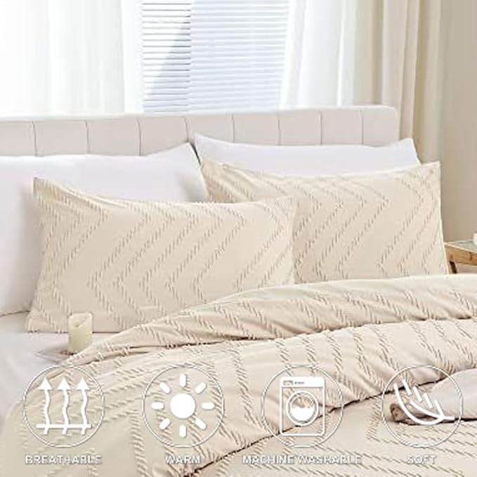 Nanko Pillow Case/Pillow Shams Queen Set of 2, Beige Cream Tan Tufted Jacquard Boho Soft Shabby Chic Microfiber Pillow Covers, for Home Hotel Bed, Farmhouse Modern for Men and Women, 20 x 30 inch