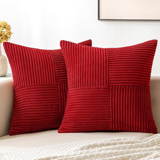MIULEE Christmas Red Decorative Throw Pillow Covers 18x18 Inch for Couch Bed Sofa Pack of 2 Boho Farmhouse Throw Pillows Soft Cross Corduroy Patchwork Textured Cushion Cases
