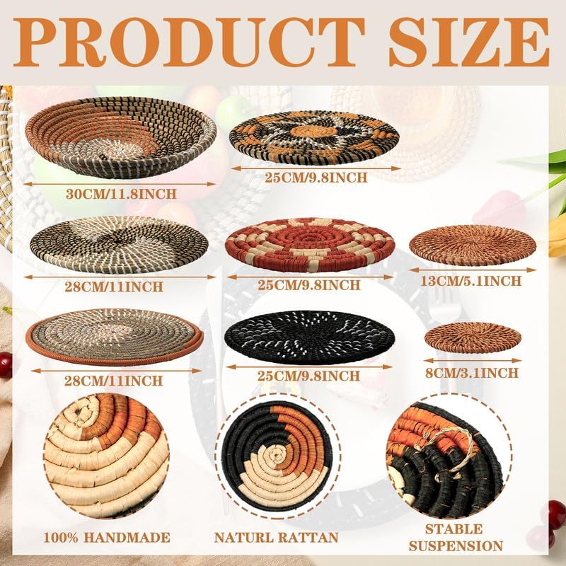 Tatuo 11 Pcs Boho Wall Basket Decor Bulrush Woven Wall Hanging Art Round Farmhouse Rustic Handmade Wicker for Summer Home, Bedroom, Living Room, Kitchen Decorations, Multi Sizes(Classic) - style: Classic