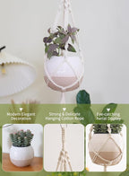 TAMAYKIM 6 Inch Ceramic Hanging Plant Pot with Macrame Plant Hanger, Drum Shape Small Flower Planter for Indoor Outdoor, Balcony Garden Decor, White with Beige