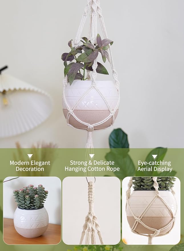TAMAYKIM 6 Inch Ceramic Hanging Plant Pot with Macrame Plant Hanger, Drum Shape Small Flower Planter for Indoor Outdoor, Balcony Garden Decor, White with Beige