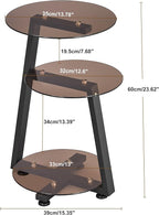 BEWISHOME Round End Table Tempered Glass Side Table with Metal Frame, Accent Table Nightstand Bedside Table with 3-Tier Shelves, Small Round Table for Living Room Bedroom Tawny KTZ41S