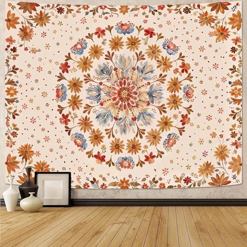 Fowocu Boho Floral Mandala Tapestry Wall Hanging Watercolor Bohemian Flower Medallion Tapestry Aesthetic Beige Orange Hippie Indian Small Tapestries for Bedroom Living Room Dorm Decor 40 x 30 Inch - color: Beige Orange, size: 40"L x 30"W