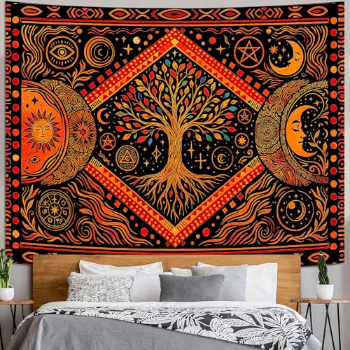Lunerfex Tree of Life Sun Moon Stars Wall Tapestry, Cosmic Harmony Symbol Tapestries for Home Decor, Mystical Tapestry 60x44 Inch - color: Red Orange, size: 60"L x 44"W