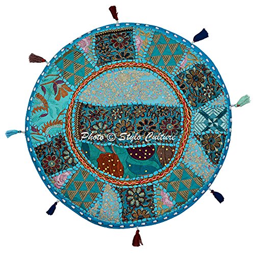 Indian Meditation Cushion Floor Pillow Vintage Bohemian Patchwork Round Cushion Cover Turquoise Blue Throw Pillow Cover 18 Small Decorative Pouf Cover Footstool Cotton Embroidered 1 Pc - color: Turquoise Blue