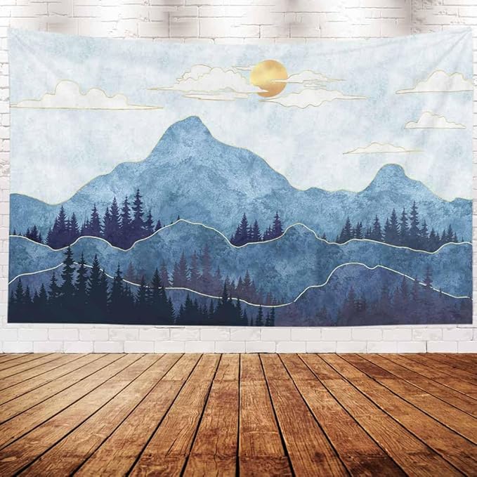 EMMTEEY Mountain Tapestry Wall Hanging - Mountains Trees With Gold Sun, 80X60 Big, Christmas Party Decoration, Aesthetic Room Decor