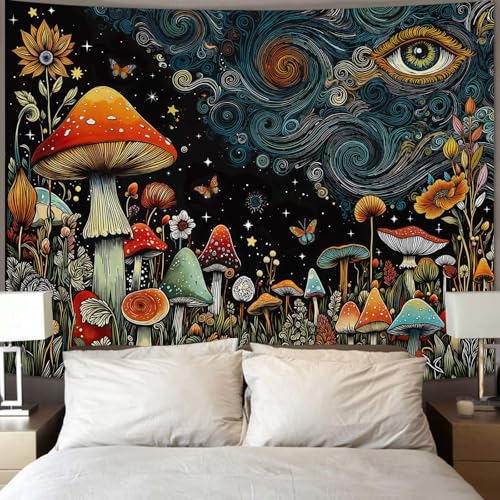 Accnicc Hippie Mushroom Forest Tapestry Abstract Fantasy Sky Eye Wall Tapestry for Bedroom Aesthetic Art Floral Plant Small Tapestries Wall Hanging for Dorm Living Room Decor 48 × 36 Inch - color: Black Red, size: 48"L x 36"W