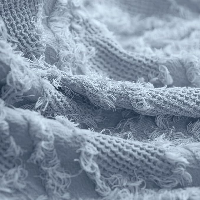Simple&Opulence Cotton Throw Blanket for Bed, Couch, Boho Textured Geometric Knit Woven Blanket with Tassels Soft, Lightweight Breathable Shabby Chic Farmhouse Decoration for All-Season(Dusty Blue)