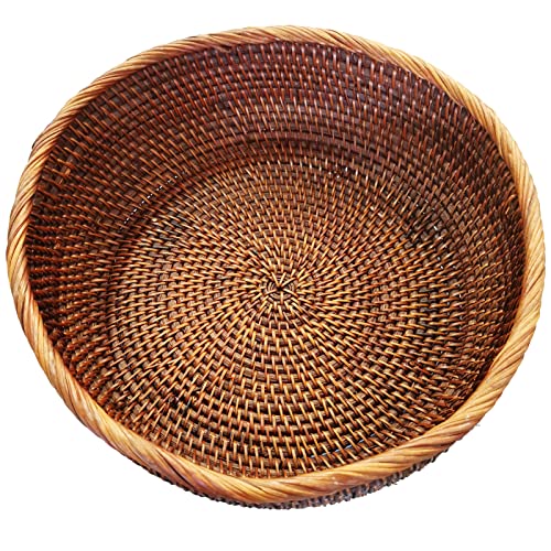 10 Inch Round Rattan Bowl Basket, Handmade Wicker Basket Tray with Scalloped Edge and 4”Deep Wall, Decorative Woven Dark Brown Bread Basket Fruit Bowl Key Holder Table Centerpiece, L - color: L - D9.8 x H3.5 inch