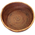 10 Inch Round Rattan Bowl Basket, Handmade Wicker Basket Tray with Scalloped Edge and 4”Deep Wall, Decorative Woven Dark Brown Bread Basket Fruit Bowl Key Holder Table Centerpiece, L - color: L - D9.8 x H3.5 inch