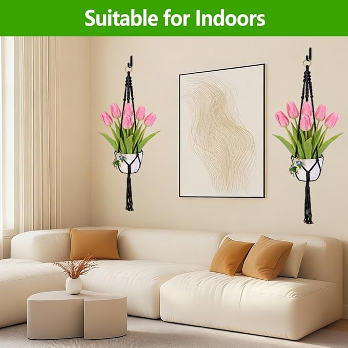 Macrame Plant Hangers 2 Pack Indoor Outdoor Hanging Planter Basket Handmade Rope Hanging Plant Holder for Indoor Outdoor Boho Home Decor 41 Inch, Black