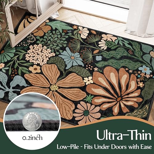 MUJOO Black 2x3 Washable Rug Floral Small Area Rugs for Entryway Kitchen Bathroom,Non Slip Throw Carpet for Bedroom Entrance Door Mat Boho Modern Abstract Vintage Botanical Flower - color: Black（vintage）, size: 2' x 3' (Rectangular)