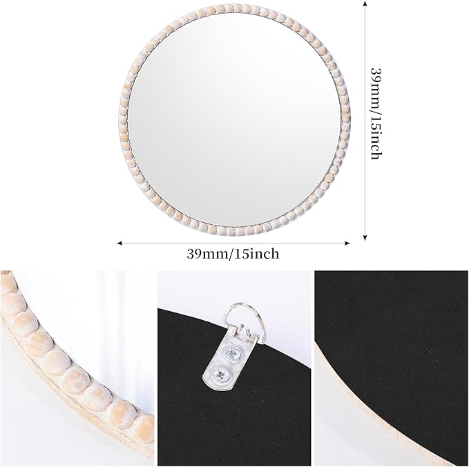 SWTHONY 15inch Small Round Boho Beaded Mirrors for Wall Decor, Cute Decorative Hanging Wooden Circle Nursery Mirror for Girl Room, Bedroom, Livingroom