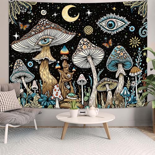 Accnicc Hippie Mushroom Tapestry Abstract Fantasy Plant Wall Tapestry for Bedroom Aesthetic Art Moon Star Eye Butterfly Small Tapestries Wall Hanging for Dorm Living Room Decor 60 × 44 Inch - color: Black Green, size: 60"L x 44"W