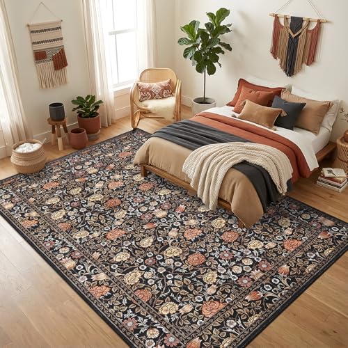 GarveeHome Brown Vintage Floral Washable 6x9 Area Rugs for Living Room Black Boho Botanical Retro Rug Low Pile Non Slip Carpet for Bedroom Nursery Dining Room - color: A Brown / Black, size: 6' x 9' (Rectangular)