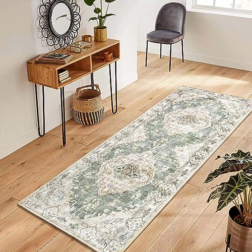 MUJOO Hallway Runner Rug - Machine Washable Non Slip Boho Green Runner for Hallways, Entryway, Kitchen, Bathroom, Bedside - Retro Soft Low-Pile 2'x6' Blossom. - color: Green, size: 2' x 6' (Rectangular)