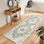 MUJOO Hallway Runner Rug - Machine Washable Non Slip Boho Green Runner for Hallways, Entryway, Kitchen, Bathroom, Bedside - Retro Soft Low-Pile 2'x6' Blossom. - color: Green, size: 2' x 6' (Rectangular)