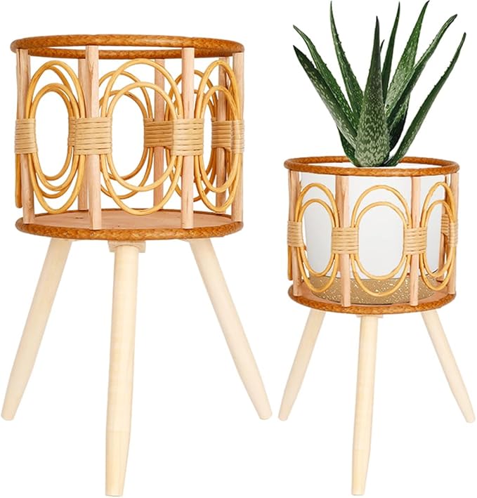 2Pcs Rattan Plant Stand Indoor Planter: Handmade Boho Wricker Plant Stand - Large Floor Planter Riser Mid Century Plant Holder for Flower Pots