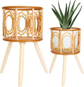 2Pcs Rattan Plant Stand Indoor Planter: Handmade Boho Wricker Plant Stand - Large Floor Planter Riser Mid Century Plant Holder for Flower Pots