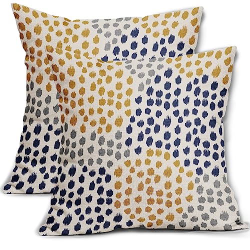 Blue Yellow Pillow Covers 16x16 Set of 2 Boho Design Gray Polka Dot Throw Pillows Modern Art Trendy Print Decorative Outdoor Pillowcase Square Cushion Cover Linen Pillow Case for Home Sofa Couch Bed - color: Blue Yellow Dots, size: 16" x 16" (Pack of 2)