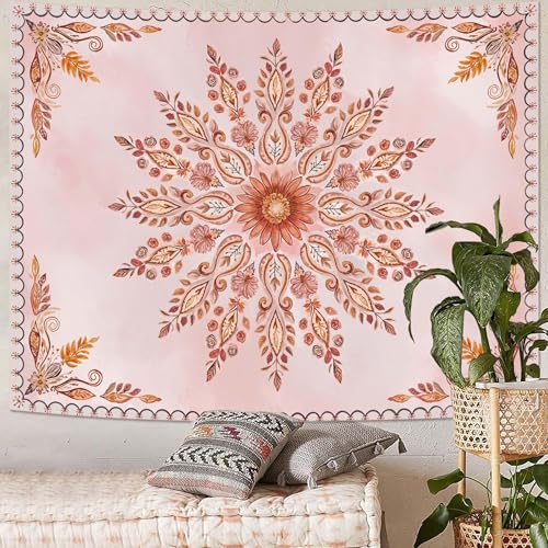 Neasow Mandala Tapestry, Aesthetic Boho Floral Wall Decor, Bohemian Cute Pink Tapestries for Bedroom Living Room, Women Girly Art 36×48 inches - color: Pink, size: 48"L x 36"W