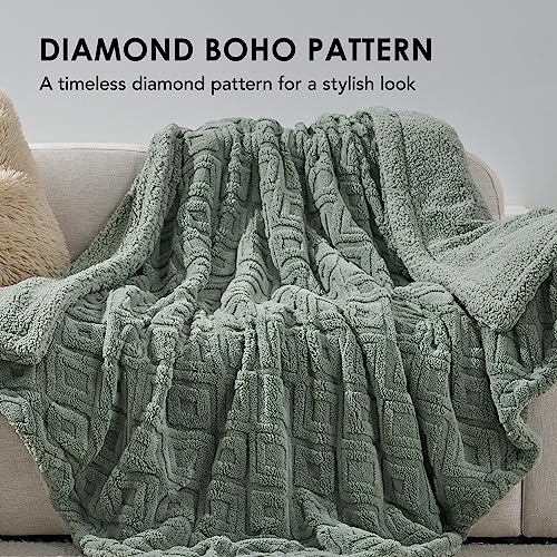 EverGrace Jacquard Boho Sherpa Fleece Throw Blanket for Couch, Super Soft Cozy Fuzzy Plush Blankets for Winter, Reversible Thick Warm Blanket for Bed, Sofa, Living Room, Sage Green, 50" x 60" - color: Sage Green, size: 50x60 Inches