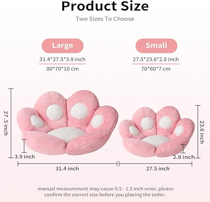 Ditucu Cat Paw Cushion Kawaii Chair Cushions 31.4 x 27.5 inch Cute Stuff Seat Pad Comfy Lazy Sofa Office Floor Pillow for Gaming Chairs Room Decor Pink