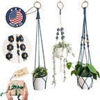 Set of 3 Macrame plant hangers with Daisies & Beads Hanging plant holder Macrame Plant hangers outdoor and indoor hanging planters Plant stand indoor Boho Decor hanging planter stand (Peacock Blue)