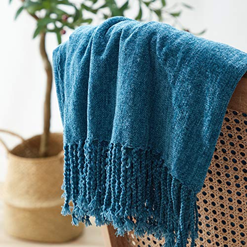 BOURINA Chenille Throw Blanket with Decorative Fringe for Couch Sofa Chair Blanket (50x60 Inches) Dark Blue - color: Dark Blue, size: 50"×60"