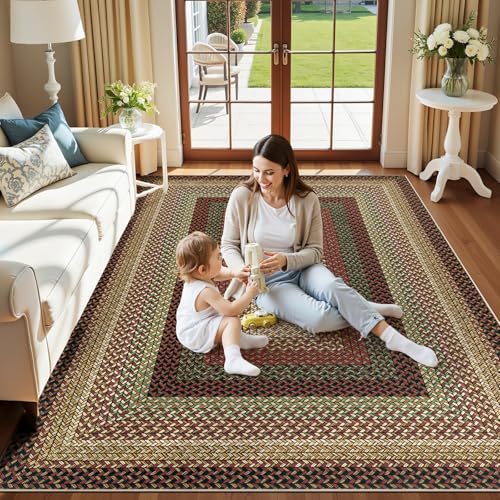 Ileading Faux Braided Area Rug 6'x9' Washable Farmhouse, No-Shed Non-Slip Woven Carpet, Pet Friendly Stain Resistant Jute Style Rug for Living Room Dining Bedroom Office - color: Multi Color-red, size: 6' x 9'(Rectangular)