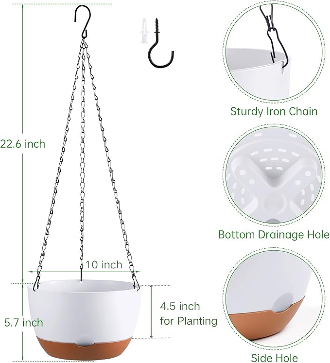 Set of 2 Hanging Planters for Indoor Outdoor Plants, 10 Inch Self-Watering Hanging Flower Pots with Drainage Hole & Removable Water-Storage Tray (Hooks)