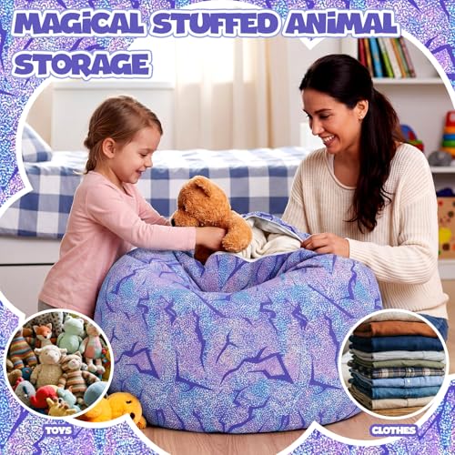 Boao 27'' Large Purple Lightning Kids Bean Bag Chairs Cover (No Filling) Washable Stuffed Storage Beanbag Chair for Kids Canvas Bean Bag Cover with Zipper for Girls Organizing Plush Toys Textile Sack - color: Purple Lightning, size: 27 Inches