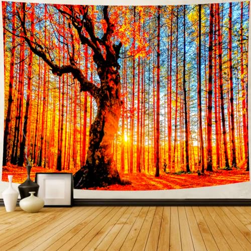 Delur Sunset Forest Tapestry Tree of Life Tropical Rainforest Landscape Tapestry Wall Hanging Scenic Nature Woodland Natural Sunrise Headboard for Bedroom Living Room Home Decor (70.8" x 92.5") - color: Sunset Forest, size: 70.8"L x 92.5"W