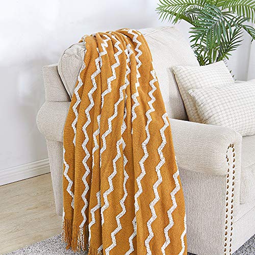 BOURINA Fluffy Chenille Knitted Fringe Throw Blanket Lightweight Soft Cozy for Bed Sofa Chair Throw Blankets, Dark Gold 50" x 60" - color: A-mustard, size: 50"×60"