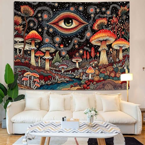 Accnicc Hippie Red Mushroom Tapestry Abstract Mystical Eye Wall Tapestry for Bedroom Aesthetic Boho Fantasy Starry Night Plant Small Tapestries Wall Hanging for Dorm Living Room Decor 60 × 44 Inch - color: Black Scarlet, size: 60"L x 44"W