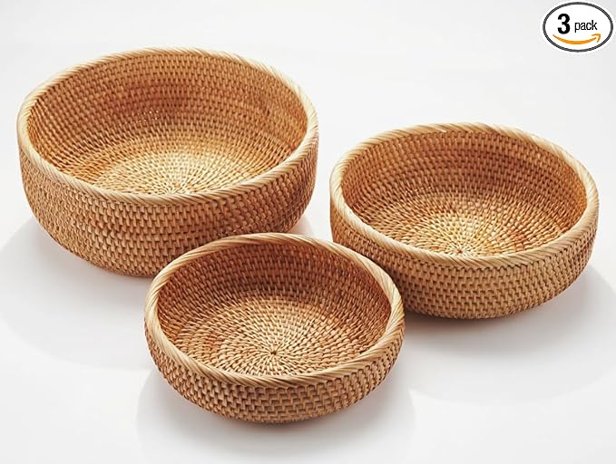 YANGQIHOME Natural Rattan Round Fruit Basket Bowls, Handwoven Storage Serving Baskets, Wicker Organizer for Dinning Room (Set of 3)