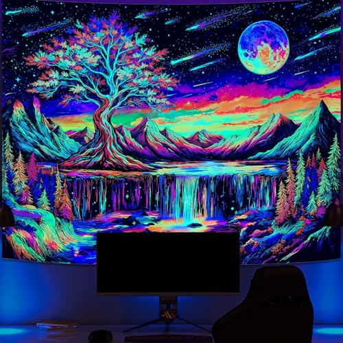 Zussun Blacklight Tree of Life Tapestry UV Reactive Moon Mountain Forest Waterfull Tapestry for Bedroom Aesthetic Nature Large Tapestries Wall Hanging for Dorm Living Room Decor 80 x 60 Inch - color: Warm Red, size: 80"L x 60"W